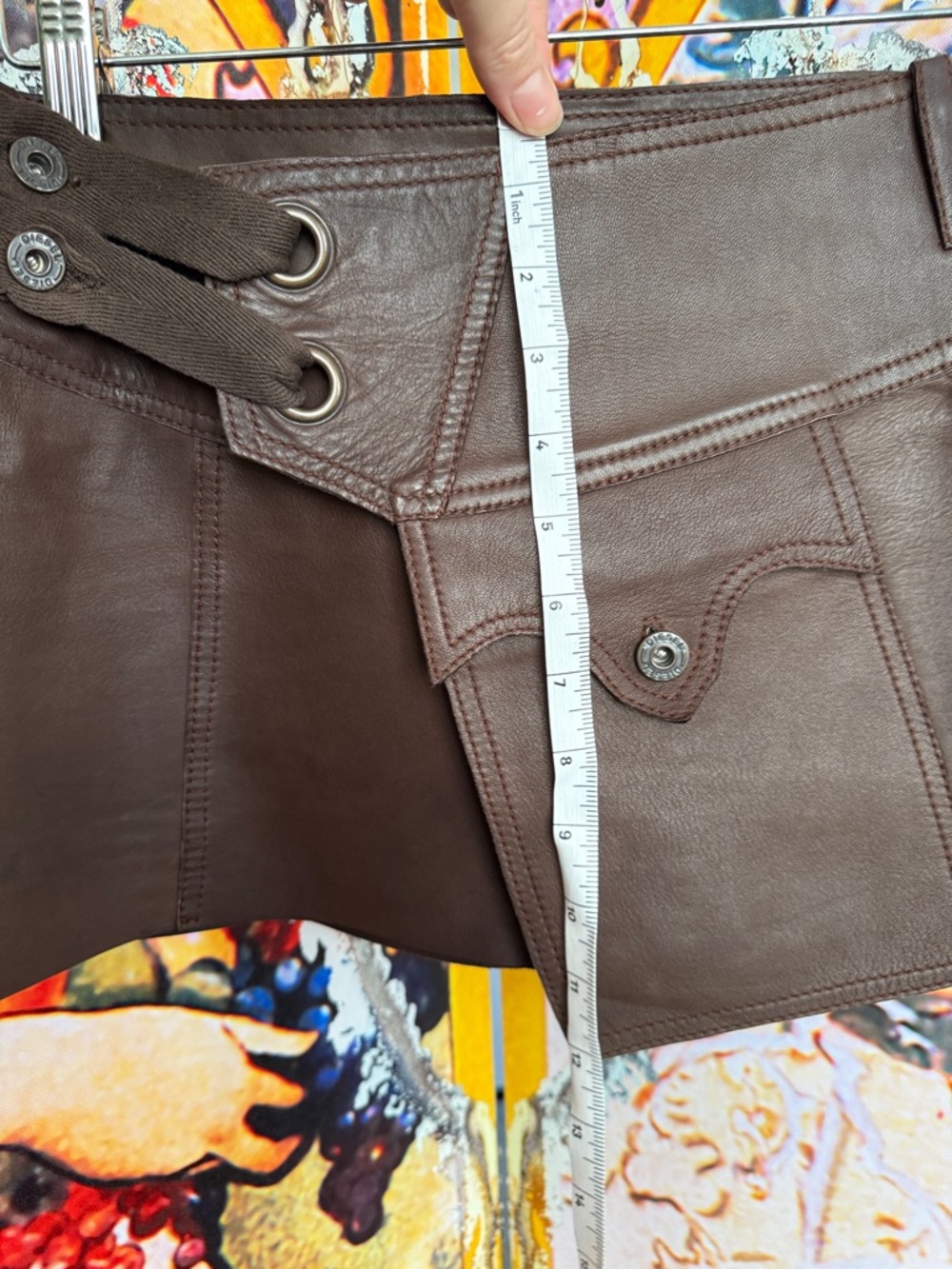 Diesel Vintage Chocolate Soft Leather Wrap Mini Skirt with Button Accent - Picture 5 of 17
